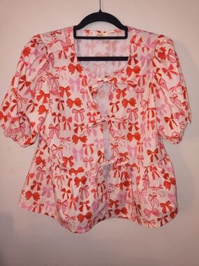 Peach Couture Pink and Red Bow Print Puff Sleeve Top